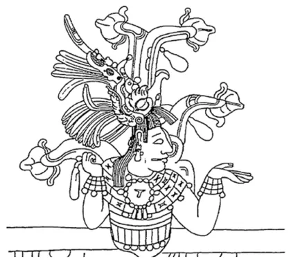 Dibujo de una figura maya con vainas de cacao